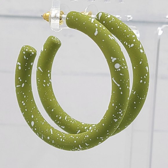 2" White Splatter Paint Olive Green Matte Hoop Earrings - Picture 6 of 11